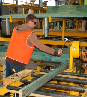 A worker with automated equipment on the framing line to help him make timber wall frames.