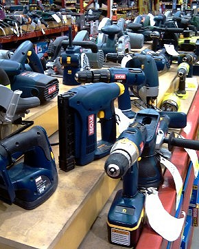 A large collection of power tools on sale.